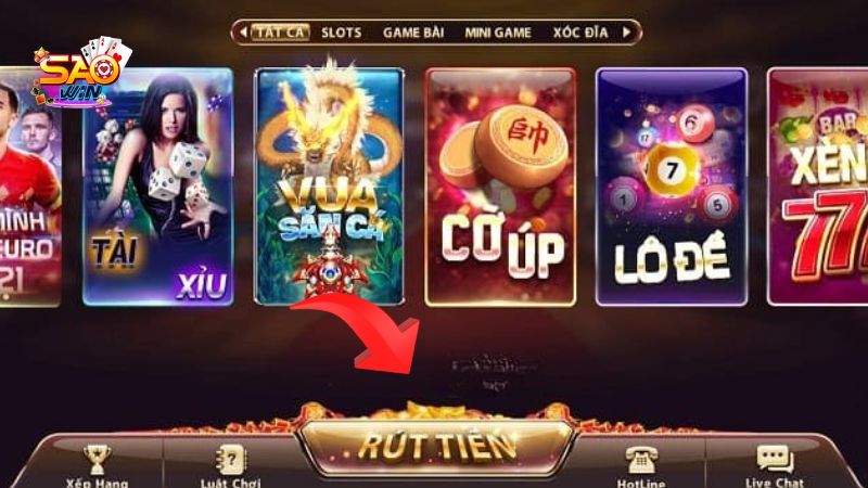 Danh mục “Rút tiền” thường nằm ở thanh menu chính trên trang web cổng game